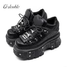 Novos Sapatos Femininos Estilo Punk 2025, Com Cadarço, Salto de 6CM, Plataforma, Botas Góticas de Cano Curto, Decoração