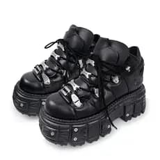 Novos Sapatos Femininos Estilo Punk, Com Cadarço, Salto de 6CM, Sapatos de Plataforma, Botas Góticas de Cano Curto, Deco