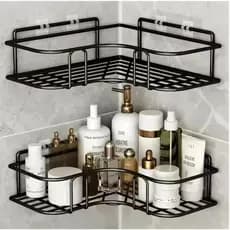 Prateleira de Canto Sem Furo Metal Preto Organizador Banheiro Cozinha Parede Adesiva Forte Suporte Shampoo Temperos Resi