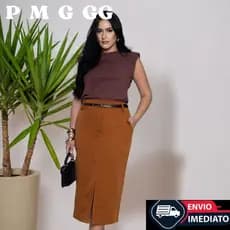Saia Midi Alfaiataria Com Cinto E Bolsos PROMOÇÃO P ao GG
