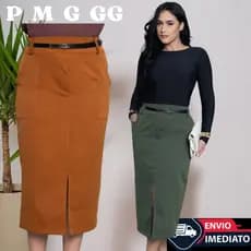 Saia Midi Alfaiataria Com Cinto E Bolsos PROMOÇÃO P ao GG