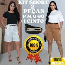 Kit 2 Short Bermudas Feminina Alfaiataria Social FORMA GRANDE ACOMPANHA CINTO