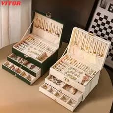 Caixa de Joias de 3 Camadas Armazenamento de Joias de Couro Preto Fashion para Quarto VITOR