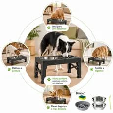 Comedouro Elevado Ajustável 5 Alturas para Cães, Dobrável com 2 Tigelas Inox + Comedouro Lento