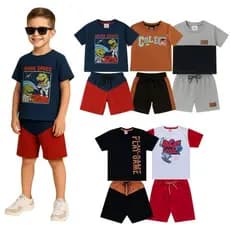 Lote 10 Peças de Roupa Menino Conjunto Infantil - 5 Camisetas e 5 Bermudas - 5 Conjuntos
