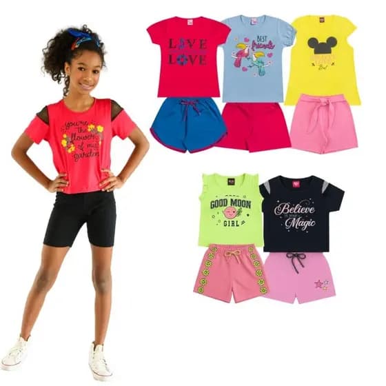 Kit Sortido 10 Peças Conjuntos Infantil 5 Blusas + 5 Shorts Menina Bebe ao Juvenil Verão Estilosa