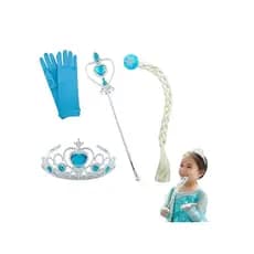 Kit Frozen Elsa Com Varinha, Coroa, Luva e Trança-Promoção Fantasia Festa Carnaval Fantasia Infantil