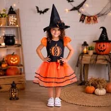 Fantasia De Halloween Infantil Menina Bruxa Abóbora Laranja