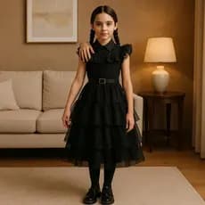 Fantasia Vestido Infantil Wandinha + Cinto Festa Halloween