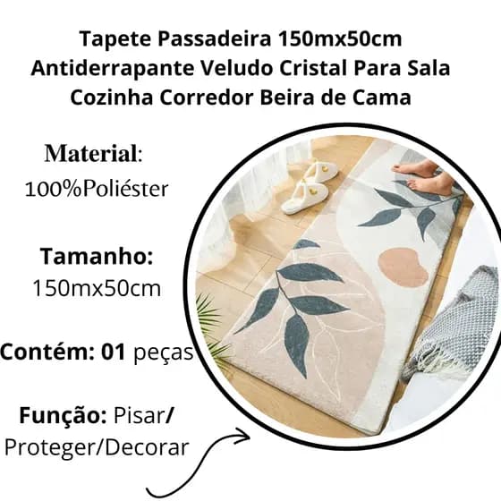 Tapete Passadeira 100mx50cm Antiderrapante Veludo Cristal Para Sala Cozinha Corredor Beira de Cama