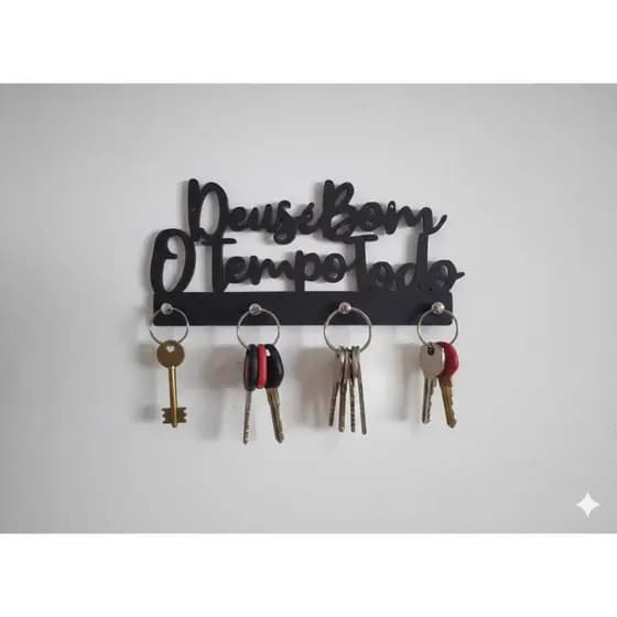 Porta chaves de parede decorativo DEUS E BOM O TEMPO TODO EMm MDF 4MM PRETO Com 4 ganchos