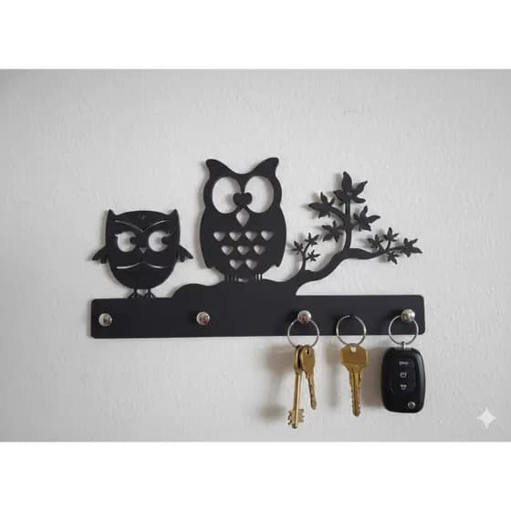 Porta chaves decorativo de parede CORUJA Em MDF 4MM Preto Com 4 Ganchos