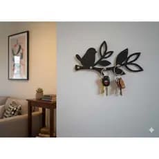 Porta chaves PASSARO de parede  decorativo em MDF 4mm preto com 4 Ganchos 24x12