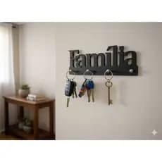 Porta chaves de parede decorativo FAMILIA em MDF com 4 ganchos 4MM preto 24x9