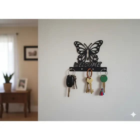 Porta chaves de parede decorativo BORBOLETA Em MDF 4MM PRETO Com 4 ganchos