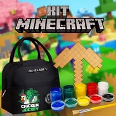 KIT MINECRAFT PARA PINTAR! Espada/Picareta MDF - Tintas - Pincel - Bolsa Térmica - Surpresa