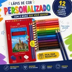 Lápis de Cor Personalizado SEU NOME NO LÁPIS Faber-Castell 12 Cores + 2 Lápis Grafite + Apontador + Borracha -Com Nome