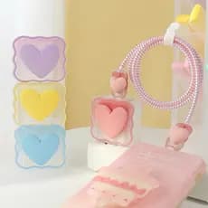 Capinha Conjunto 4pçs Protetora de Carregador e Cabo IPhone de Coração Laço Cor Pastel