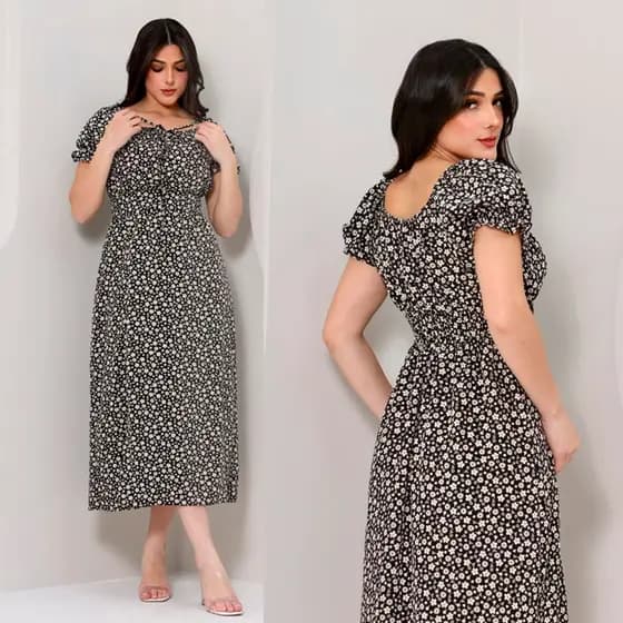 Vestido Feminino Midi Estampado Floral Com Elastex Nas Costas Manga Curta Estilo Princesa