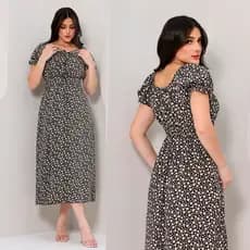Vestido Feminino Midi Estampado Floral Com Elastex Nas Costas Manga Curta Estilo Princesa