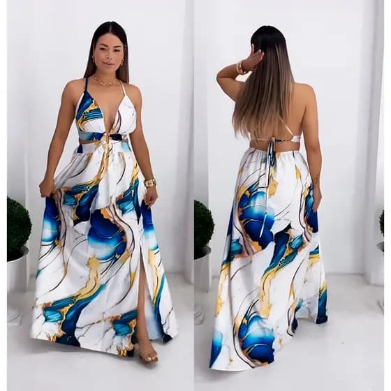 Vestido Longo Feminino com Bojo e Decote / Recortes Laterais / Elegante e Sensual Tecido Estampado