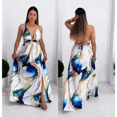 Vestido Longo Feminino com Bojo e Decote / Recortes Laterais / Elegante e Sensual Tecido Estampado