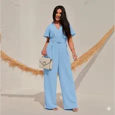 Macacão Longo Com Manga Tecido Duna com Cinto Forrado e Calça Pantalona Elegante