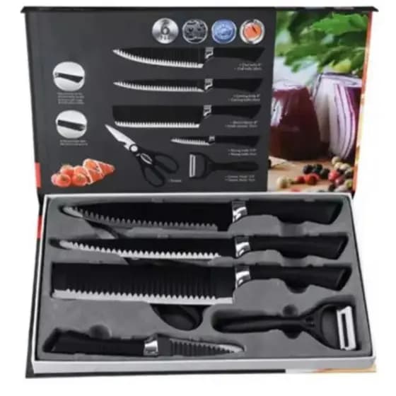 Kit 6 Peças Conjunto de Faca Carne Legumes Aço Carbono Descascador Tesoura Profissional