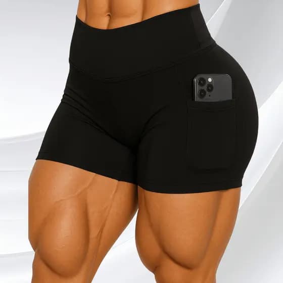 Shorts Fitness Feminino Suplex Bolso Lateral Cós Alto Academia Corrida Treino Zero Transparência