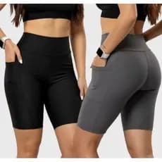 Kit 2 Shorts Feminino com Bolso Lateral | Suplex Grosso | Cintura Alta | Academia, Corrida e Treino