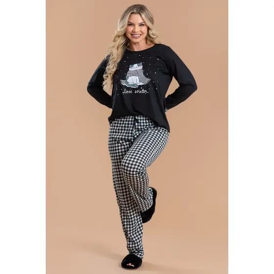 Pijama Longo Feminino Inverno Adulto Calça - Gatinho Xadrez