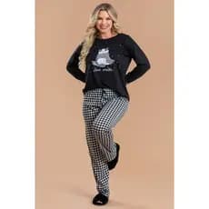 Pijama Longo Feminino Inverno Adulto Calça - Gatinho Xadrez