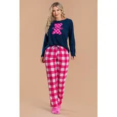 Pijama Longo Feminino Inverno Adulto Calça - Urso Xadrez