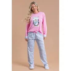Pijama Longo Feminino Inverno Adulto Calça - Pinguim Com Cachecol