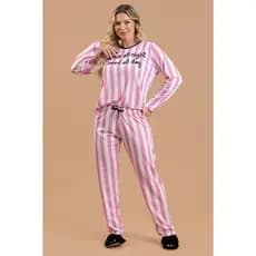 Pijama Longo Feminino Inverno Adulto Calça Listra Rosa