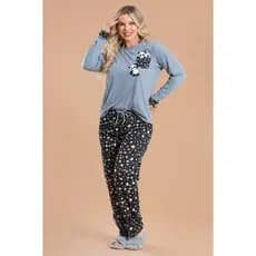 Pijama Longo Feminino Inverno Adulto Calça - Panda Estrelinhas