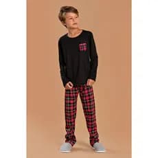Pijama Longo Masculino Infantil Inverno Calça - Xadrez Vermelho