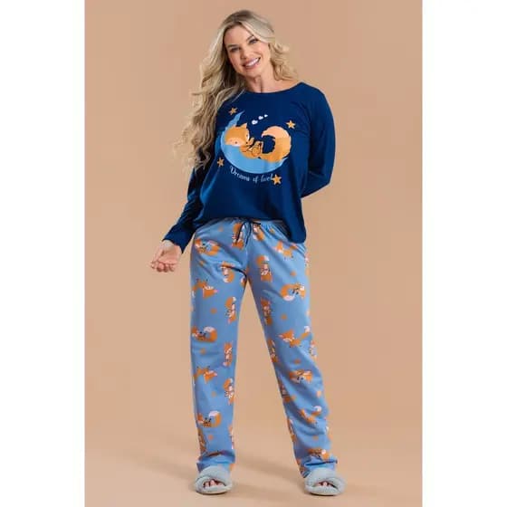 Pijama Longo Feminino Inverno Adulto Calça - Raposa Dormindo
