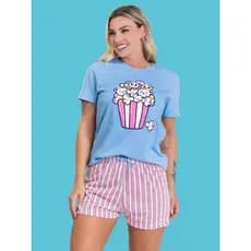 Pijama Feminino  Pipoca Azul Curta Verão Confortável