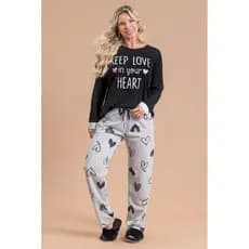 Pijama Longo Feminino Inverno Adulto Calça - Keep Love In Your Heart