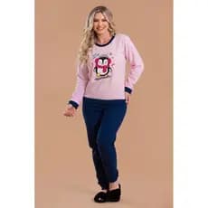 Pijama Longo Feminino Inverno Adulto Calça Soft Pinguim Cachecol