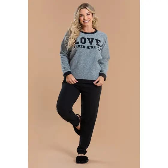 Pijama Longo Feminino Inverno Adulto Calça Soft Peluciado Love Never Give Up