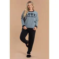 Pijama Longo Feminino Inverno Adulto Calça Soft Peluciado Love Never Give Up
