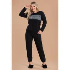 Pijama Longo Feminino Inverno Adulto Calça Soft Peluciado - Preto Com Mescla