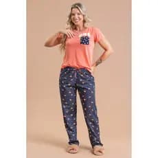 Pijama Manga Curta Feminino Inverno Adulto Calça - Margarida No Bolso
