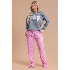 Pijama Longo Feminino Adulto Inverno Calça - Gatinhas Na Xícara