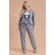 Pijama Longo Feminino Inverno Adulto Calça - Panda Corações