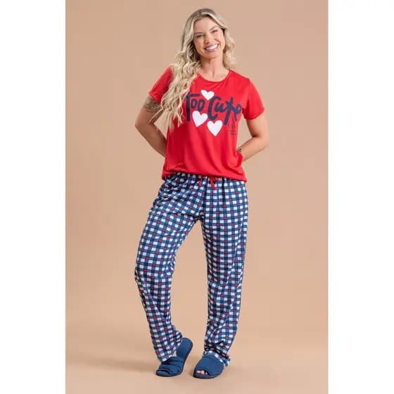 Pijama Manga Curta Feminino Inverno Adulto Calça - Namorados Too Cute