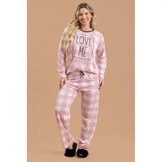 Pijama Longo Feminino Inverno Adulto Calça Love Xadrez Rosa