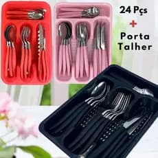 Jogo Talheres Aço Inox Faqueiro E Gaveteiro 24 Pçs Conjunto Organizador/Escorredor Garfo Faca Colher